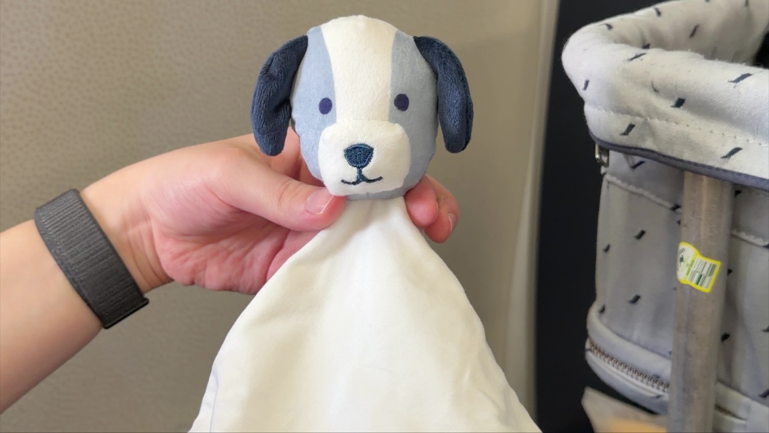 Petit doudou chien offert par l’équipage Air France pendant le vol