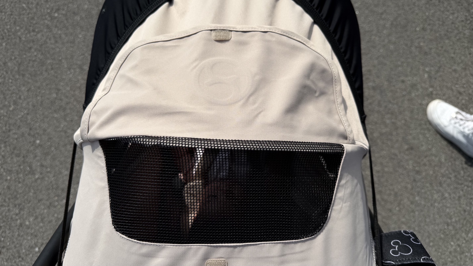 Fenêtre supérieure en mesh ouverte sur le canopy de la Cybex Orfeo 4