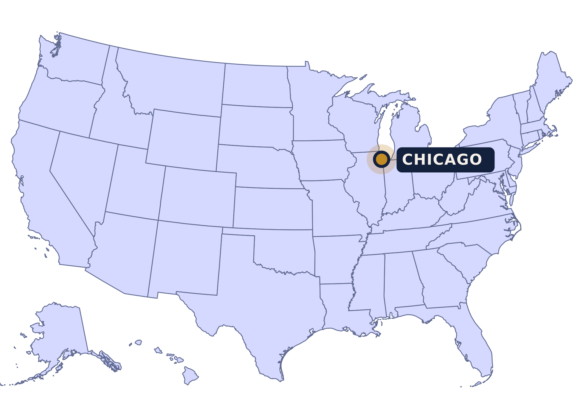 Carte des États-Unis avec les frontières des États et Chicago repéré au bord du lac Michigan. Alaska et Hawaï en encarts.